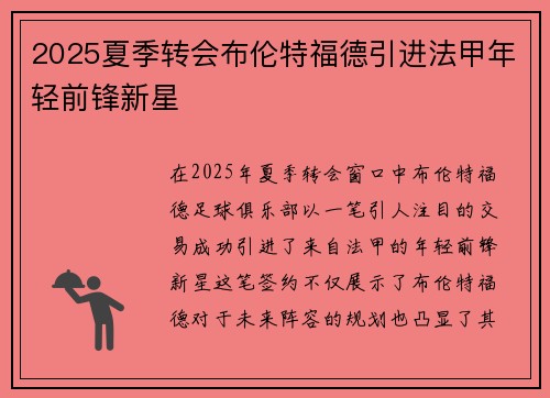 2025夏季转会布伦特福德引进法甲年轻前锋新星